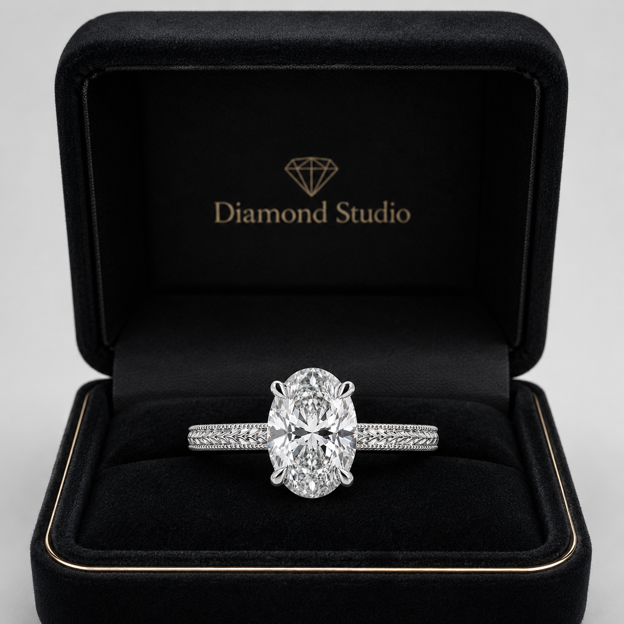 3.00 CT Oval Lab-Grown Diamond Engagement Ring in 14K White Gold – Engraved Art Deco Filigree Hidden Halo Design