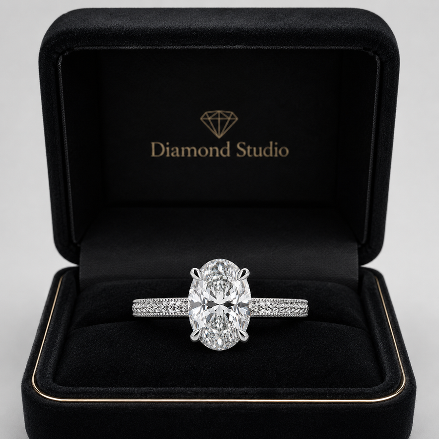 3.00 CT Oval Lab-Grown Diamond Engagement Ring in 14K White Gold – Engraved Art Deco Filigree Hidden Halo Design