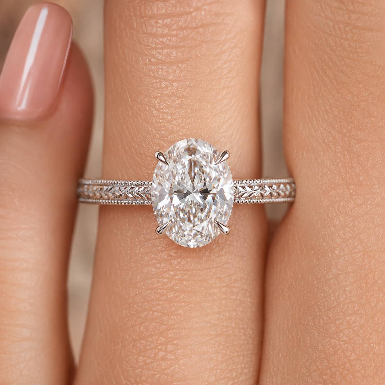 3.00 CT Oval Lab-Grown Diamond Engagement Ring in 14K White Gold – Engraved Art Deco Filigree Hidden Halo Design