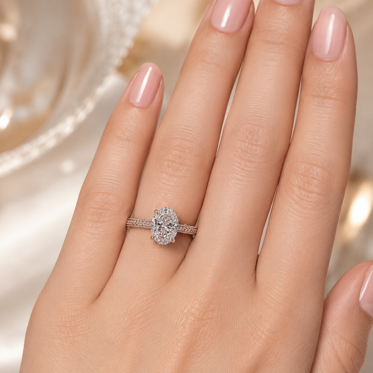 3.00 CT Oval Lab-Grown Diamond Engagement Ring in 14K White Gold – Engraved Art Deco Filigree Hidden Halo Design