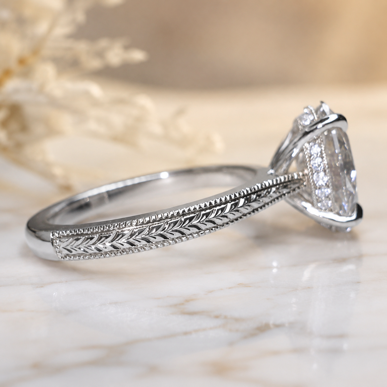 3.00 CT Oval Lab-Grown Diamond Engagement Ring in 14K White Gold – Engraved Art Deco Filigree Hidden Halo Design