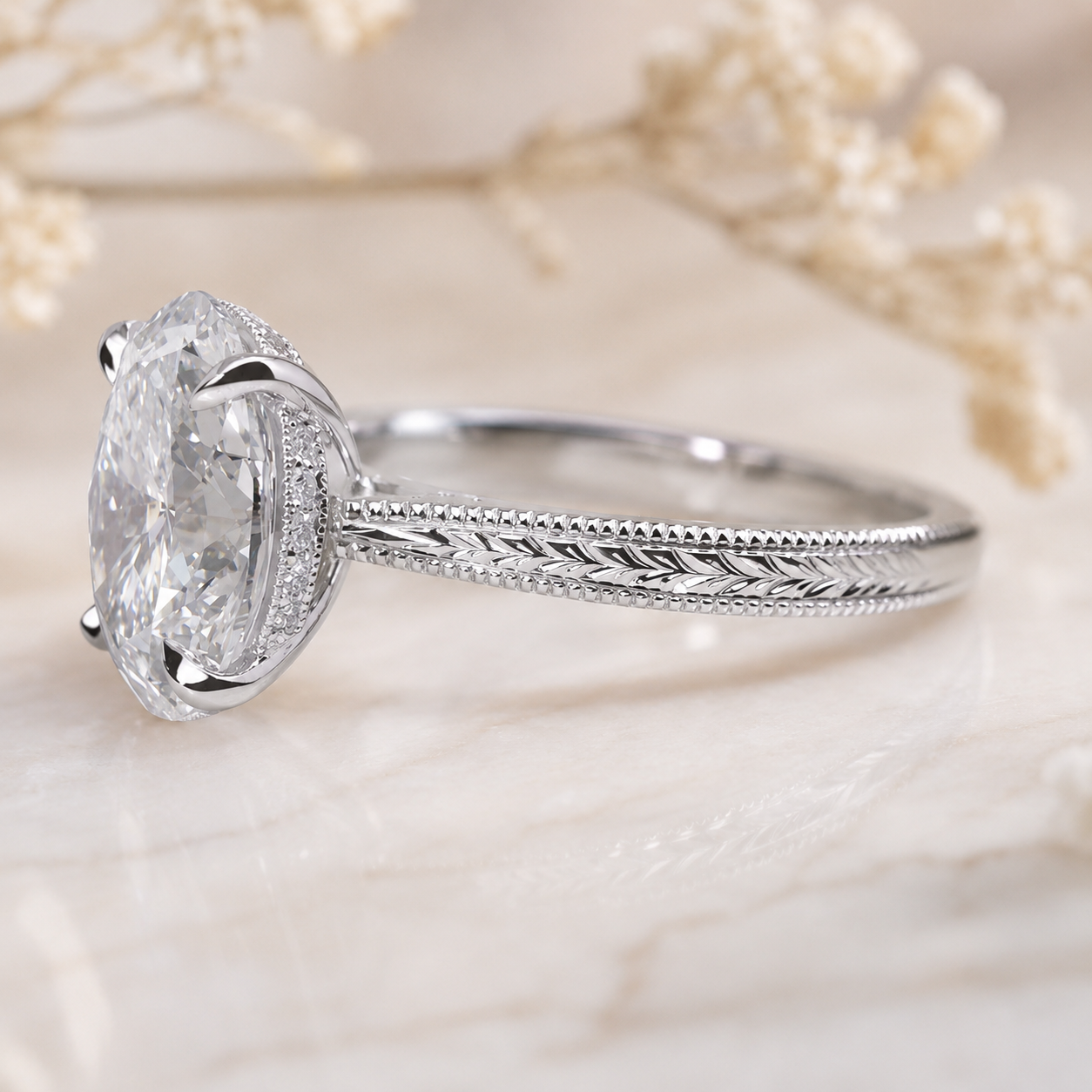 3.00 CT Oval Lab-Grown Diamond Engagement Ring in 14K White Gold – Engraved Art Deco Filigree Hidden Halo Design