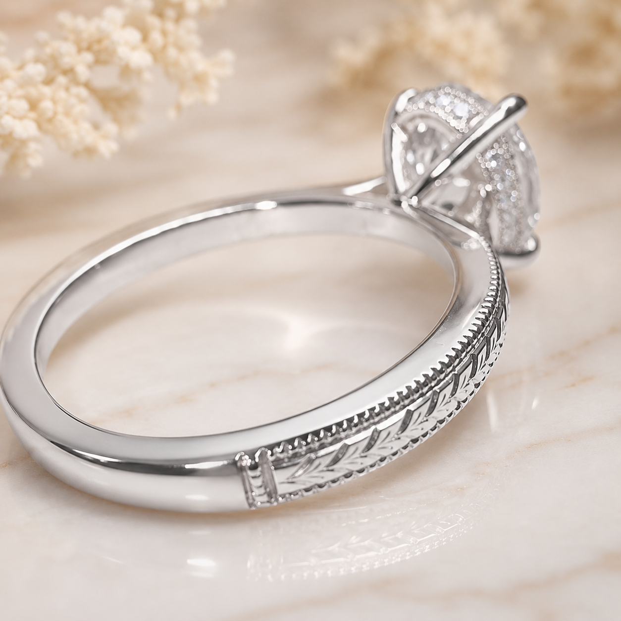 3.00 CT Oval Lab-Grown Diamond Engagement Ring in 14K White Gold – Engraved Art Deco Filigree Hidden Halo Design