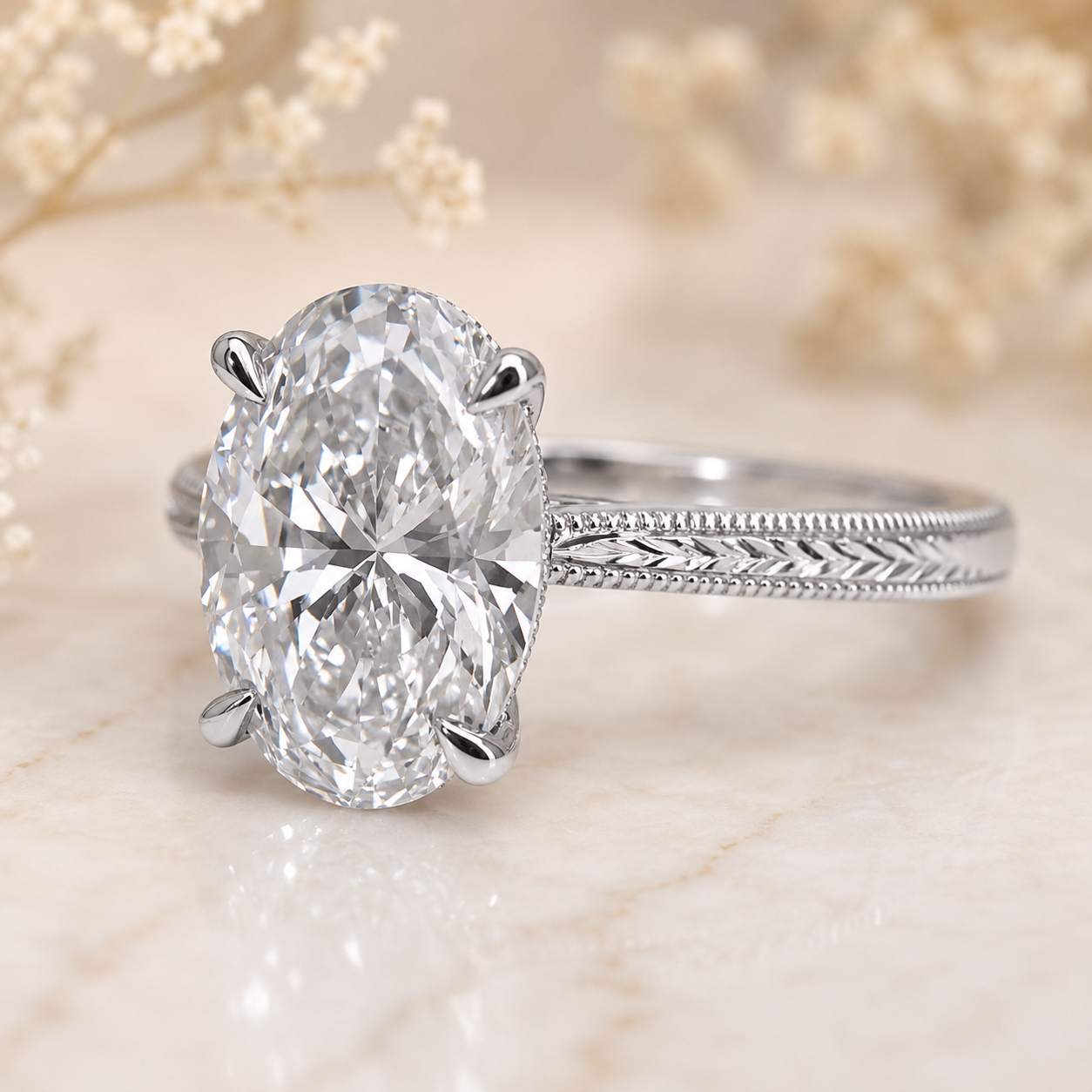 3.00 CT Oval Lab-Grown Diamond Engagement Ring in 14K White Gold – Engraved Art Deco Filigree Hidden Halo Design