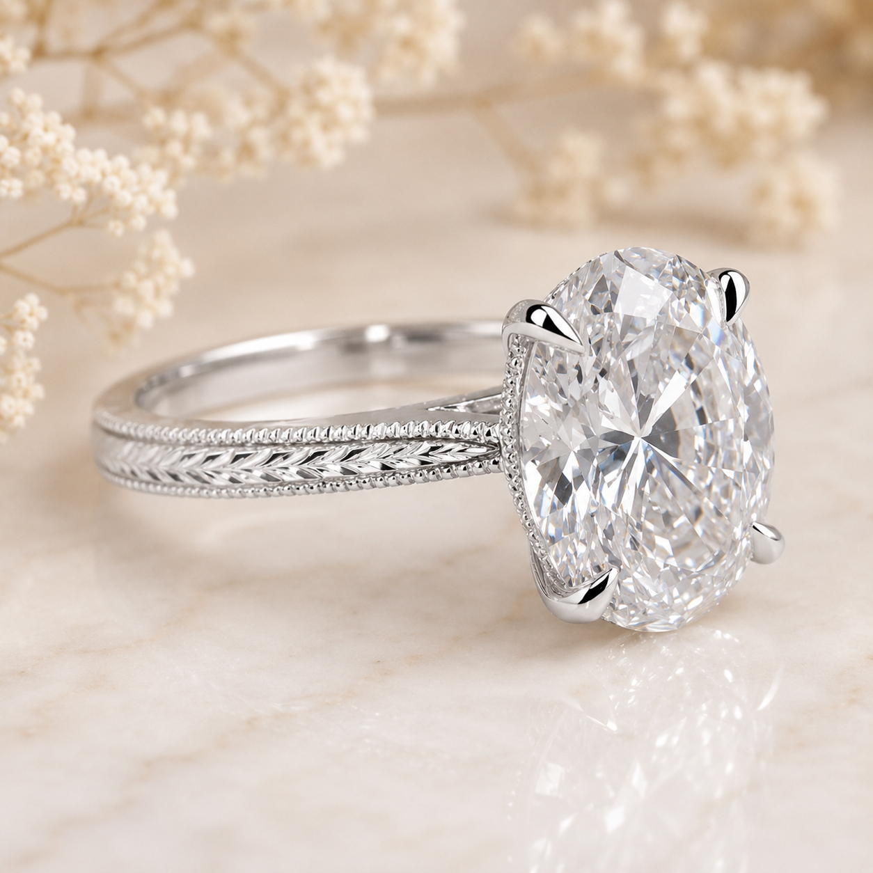 3.00 CT Oval Lab-Grown Diamond Engagement Ring in 14K White Gold – Engraved Art Deco Filigree Hidden Halo Design