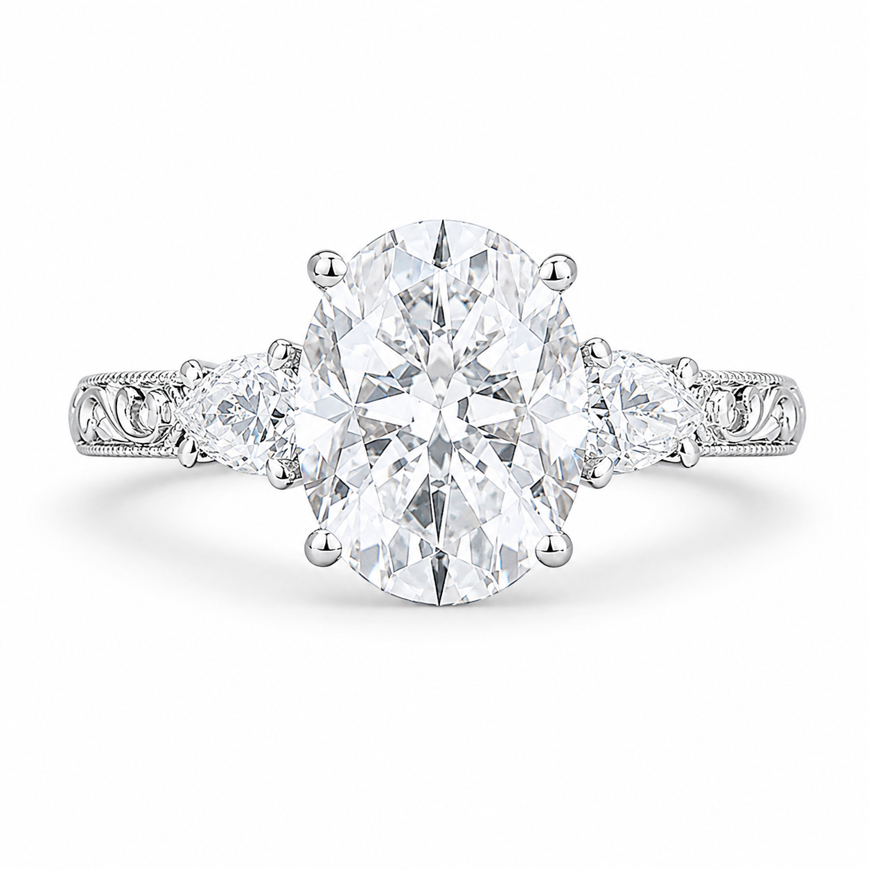 4.00 CT Oval Cut Lab-Grown Diamond Three Stone Engagement Ring in 14K White Gold – Victorian Lotus Engraved Design