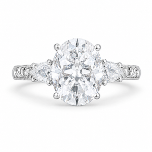 4.00 CT Oval Cut Lab-Grown Diamond Three Stone Engagement Ring in 14K White Gold – Victorian Lotus Engraved Design