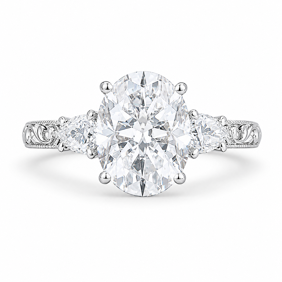 4.00 CT Oval Cut Lab-Grown Diamond Three Stone Engagement Ring in 14K White Gold – Victorian Lotus Engraved Design