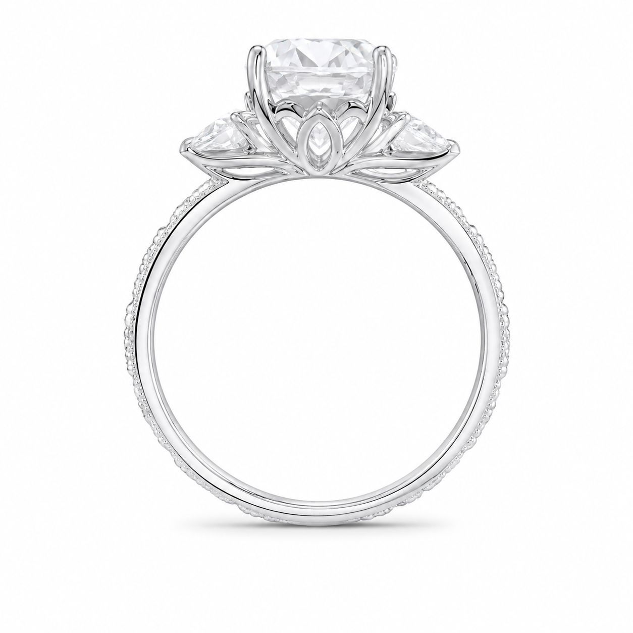 4.00 CT Oval Cut Lab-Grown Diamond Three Stone Engagement Ring in 14K White Gold – Victorian Lotus Engraved Design
