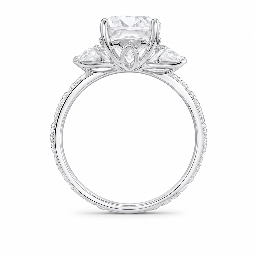 4.00 CT Oval Cut Lab-Grown Diamond Three Stone Engagement Ring in 14K White Gold – Victorian Lotus Engraved Design