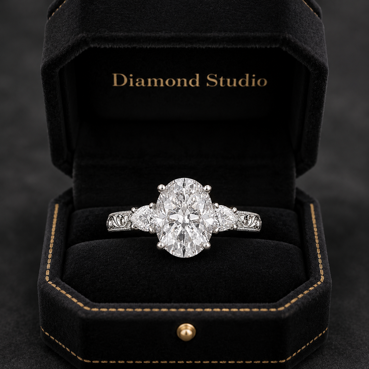 4.00 CT Oval Cut Lab-Grown Diamond Three Stone Engagement Ring in 14K White Gold – Victorian Lotus Engraved Design