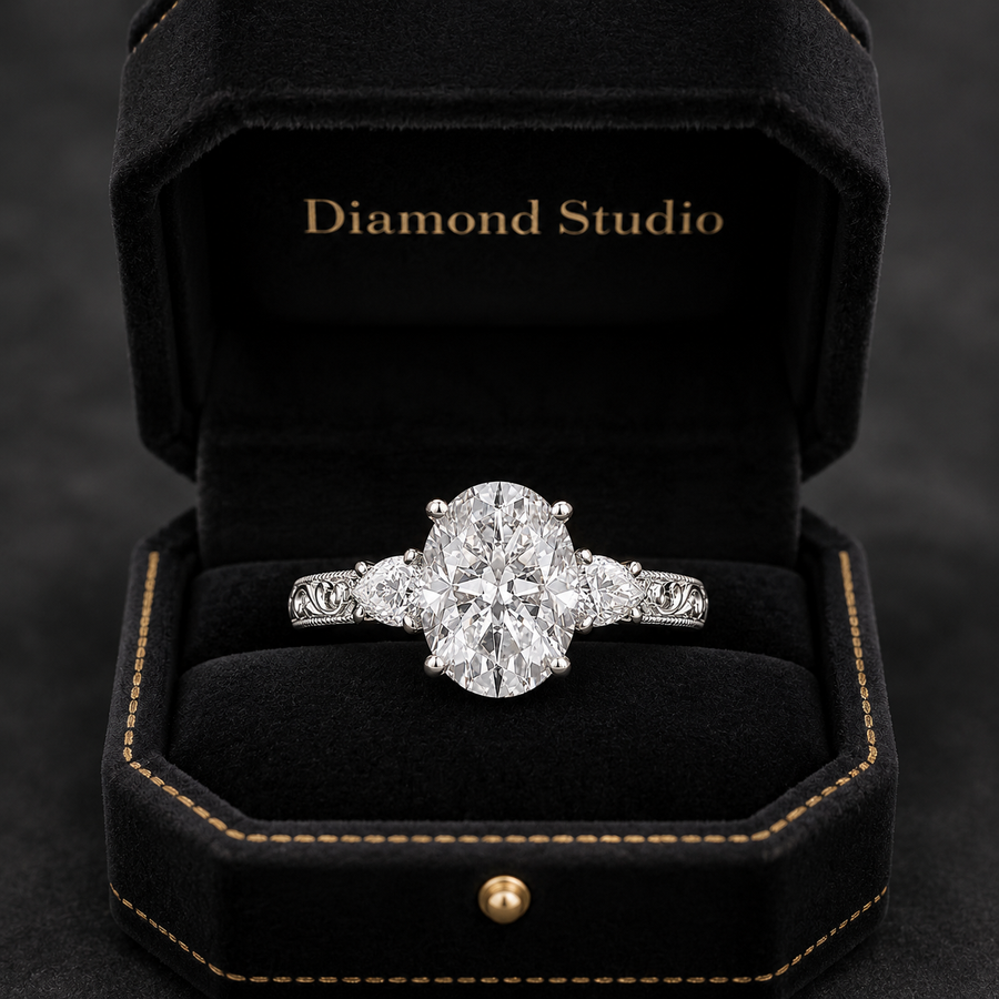 4.00 CT Oval Cut Lab-Grown Diamond Three Stone Engagement Ring in 14K White Gold – Victorian Lotus Engraved Design