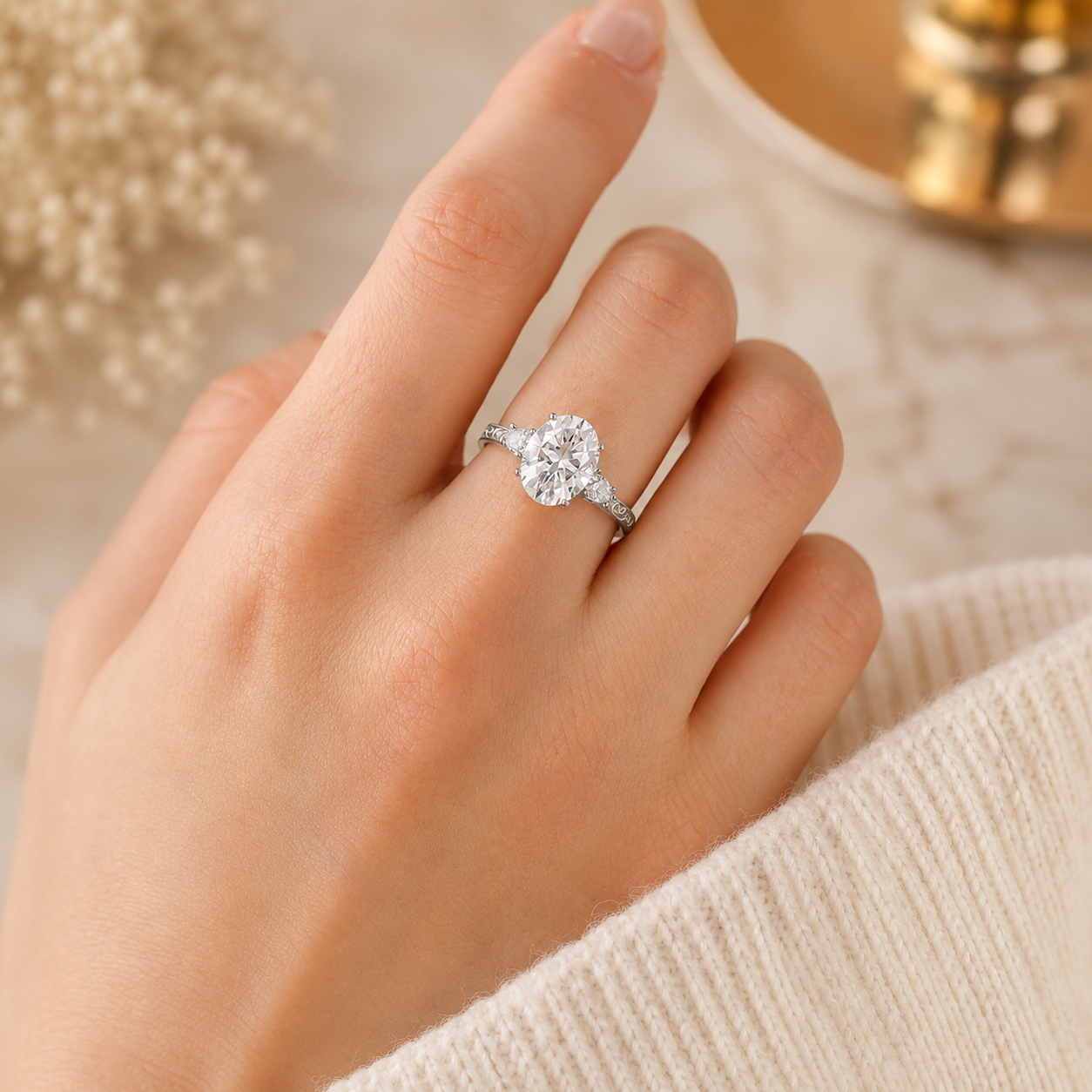 4.00 CT Oval Cut Lab-Grown Diamond Three Stone Engagement Ring in 14K White Gold – Victorian Lotus Engraved Design