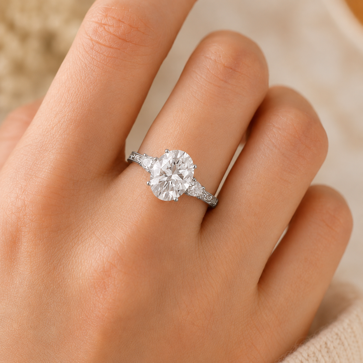 4.00 CT Oval Cut Lab-Grown Diamond Three Stone Engagement Ring in 14K White Gold – Victorian Lotus Engraved Design