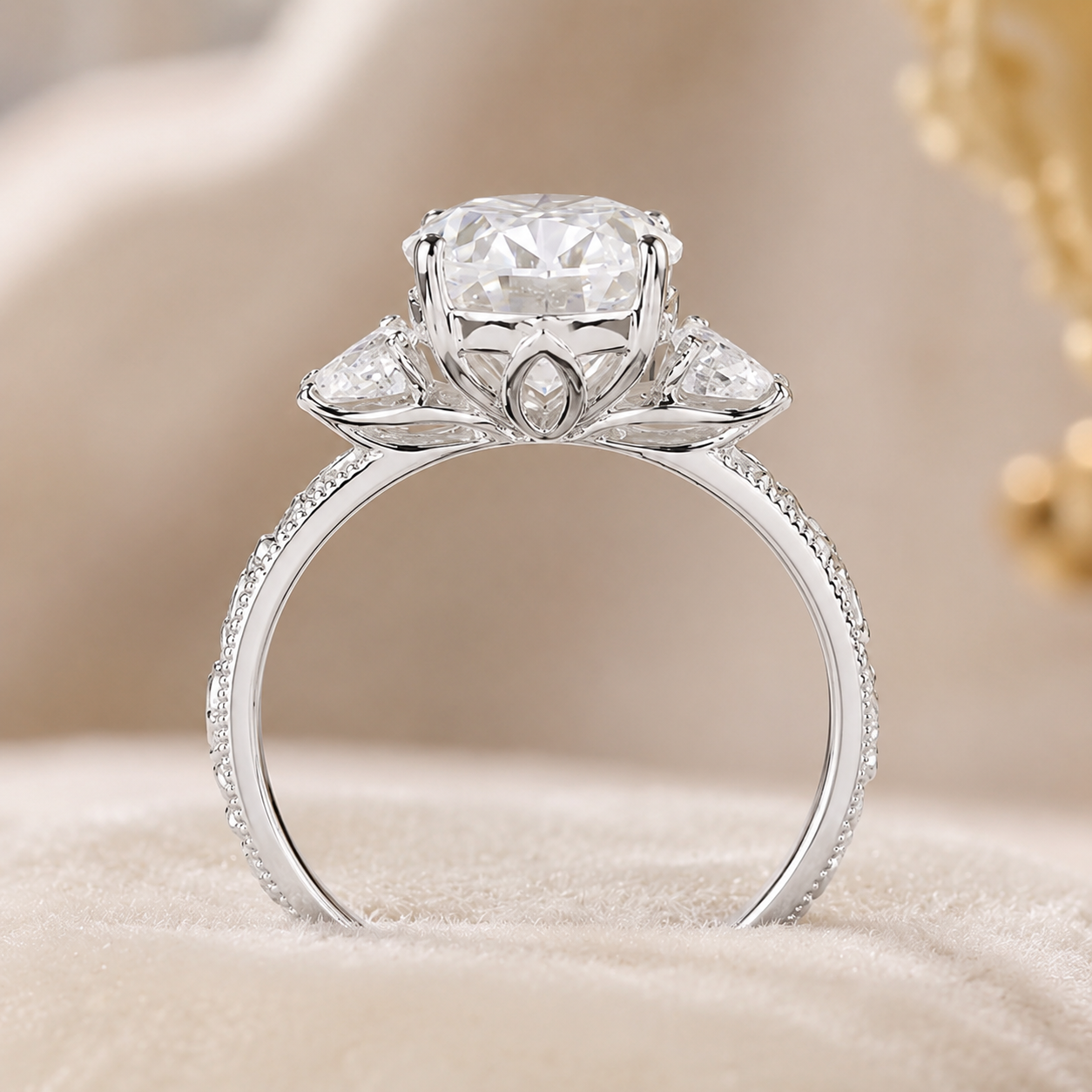 4.00 CT Oval Cut Lab-Grown Diamond Three Stone Engagement Ring in 14K White Gold – Victorian Lotus Engraved Design