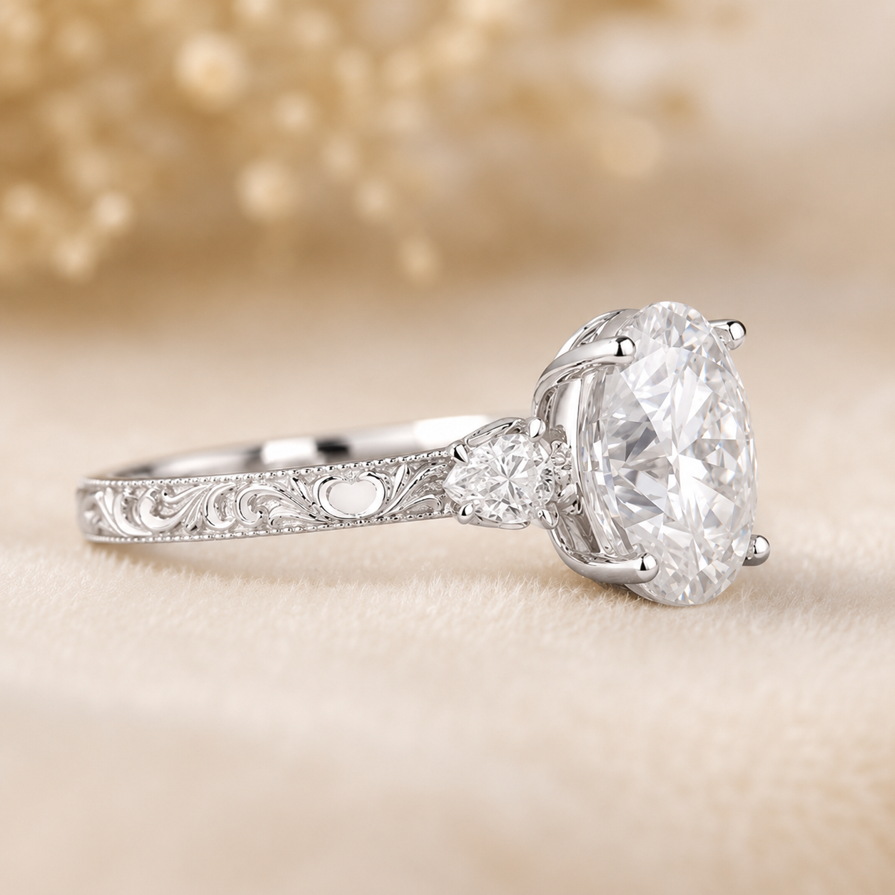 4.00 CT Oval Cut Lab-Grown Diamond Three Stone Engagement Ring in 14K White Gold – Victorian Lotus Engraved Design