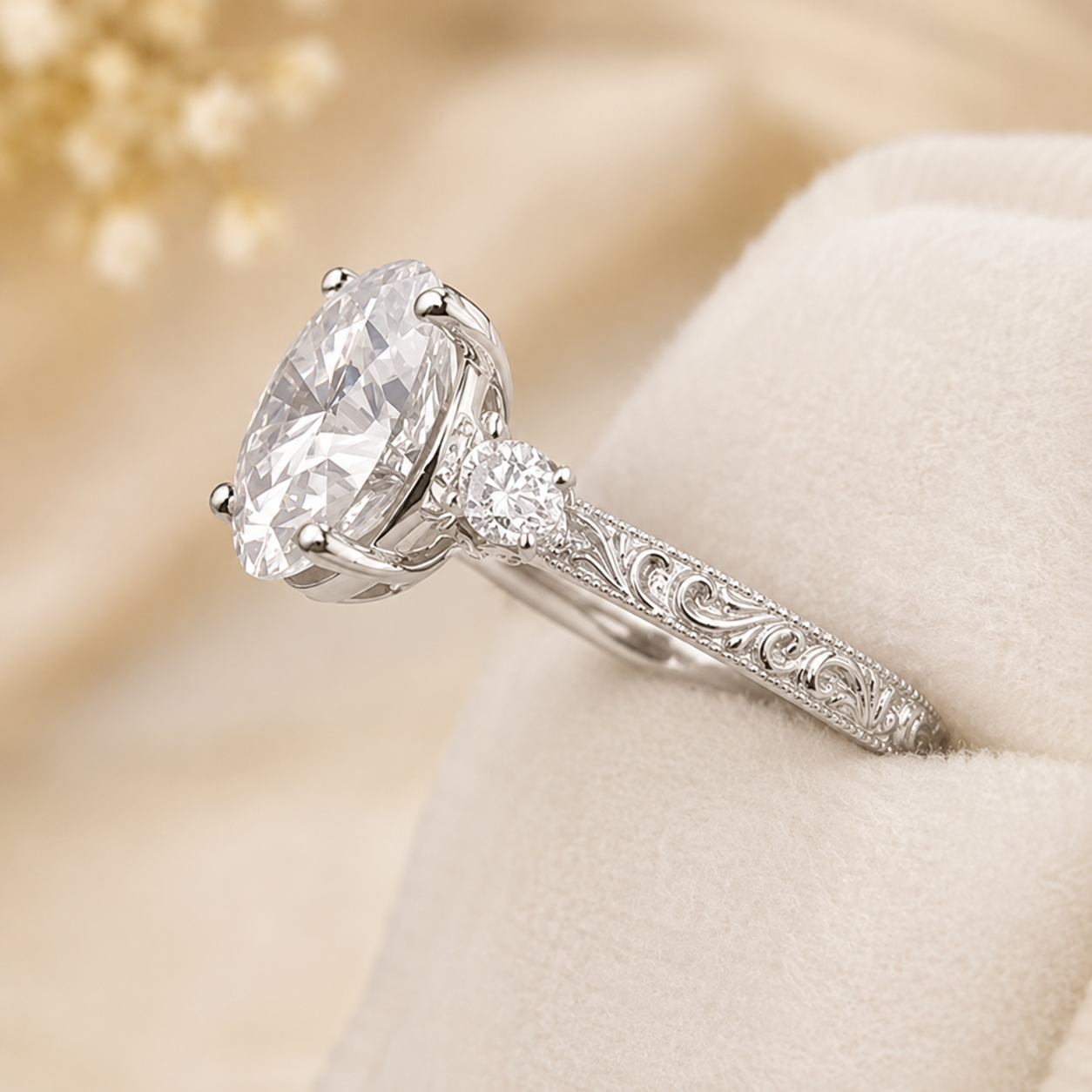4.00 CT Oval Cut Lab-Grown Diamond Three Stone Engagement Ring in 14K White Gold – Victorian Lotus Engraved Design