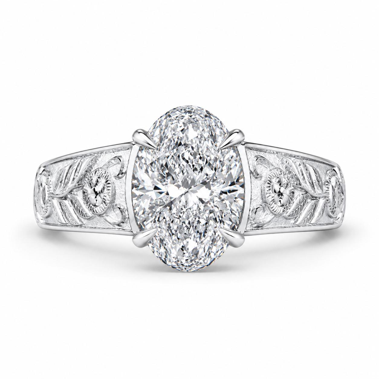 1.50 CT Oval Cut Lab-Grown Diamond Engagement Ring in 14K White Gold – Vintage Engraved Filigree Design