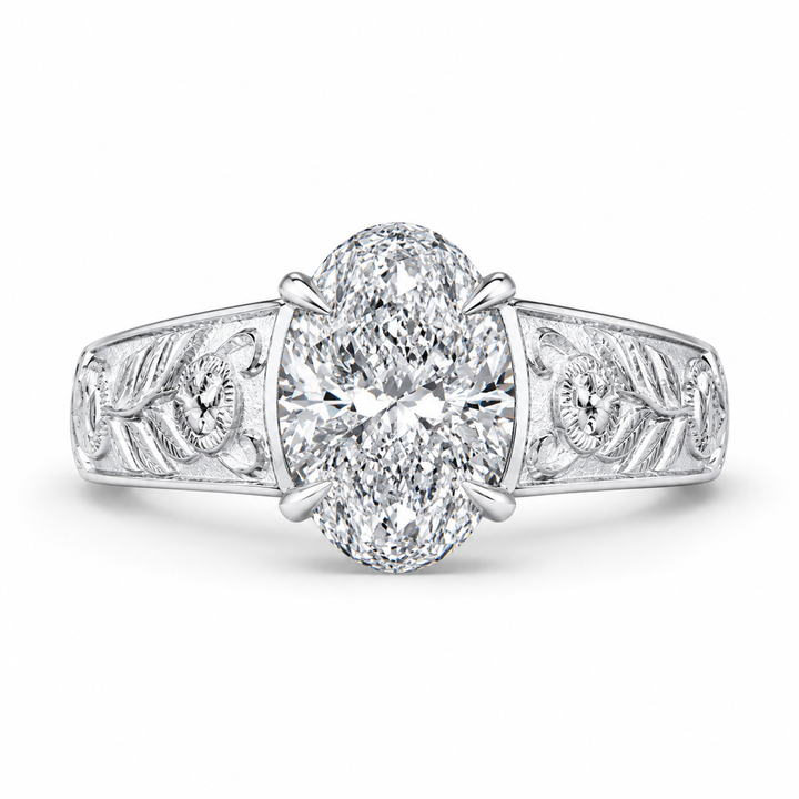 1.50 CT Oval Cut Lab-Grown Diamond Engagement Ring in 14K White Gold â€“ Vintage Engraved Filigree Design from Diamond Studio
