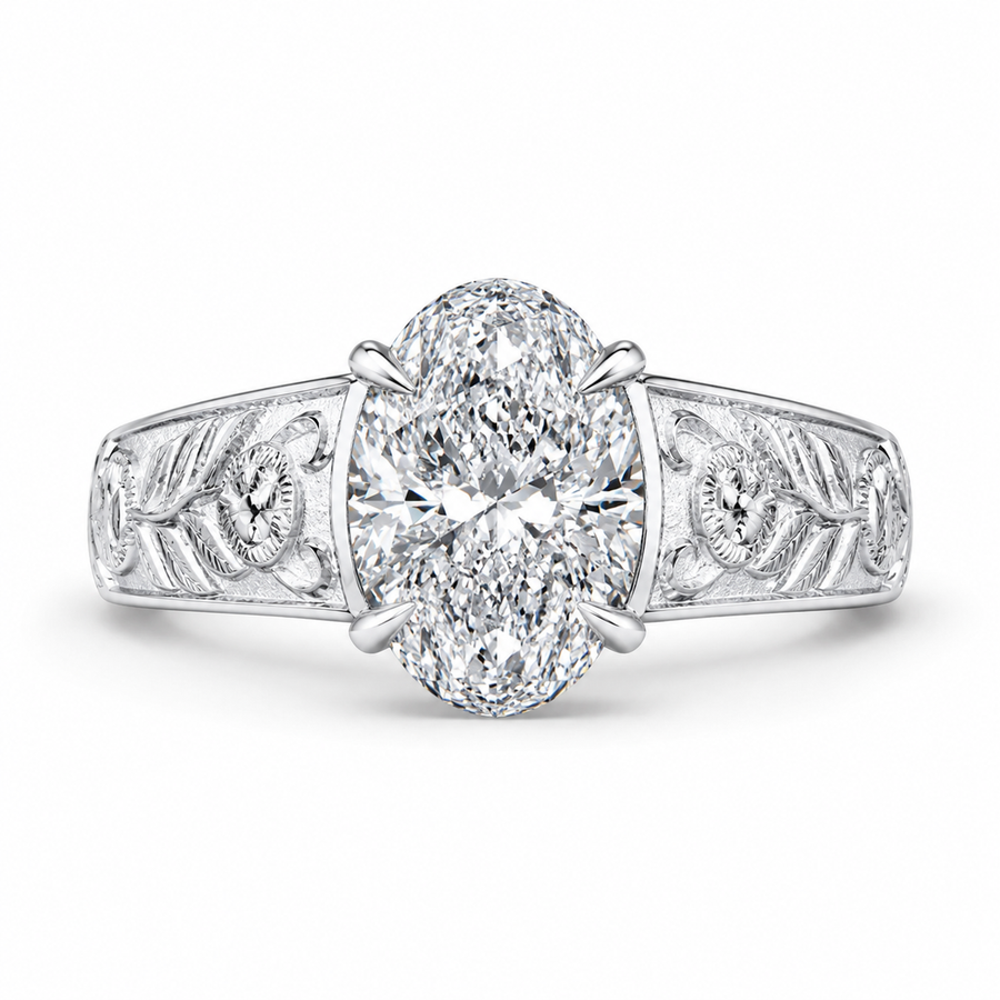 1.50 CT Oval Cut Lab-Grown Diamond Engagement Ring in 14K White Gold – Vintage Engraved Filigree Design