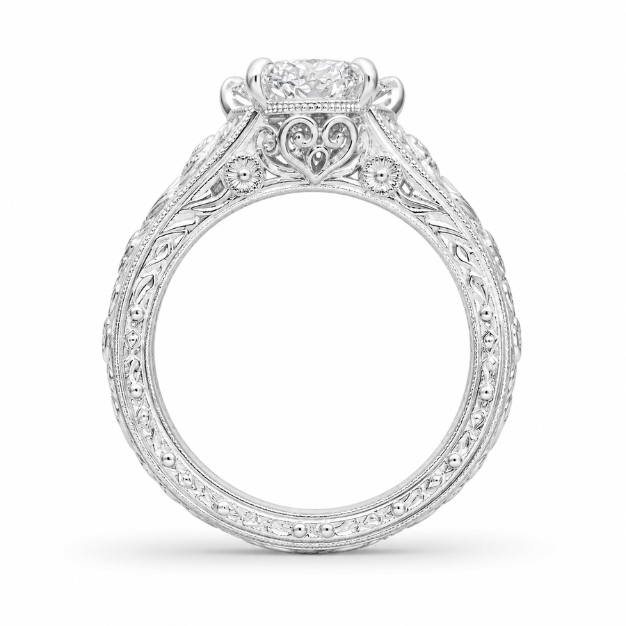 1.50 CT Oval Cut Lab-Grown Diamond Engagement Ring in 14K White Gold – Vintage Engraved Filigree Design