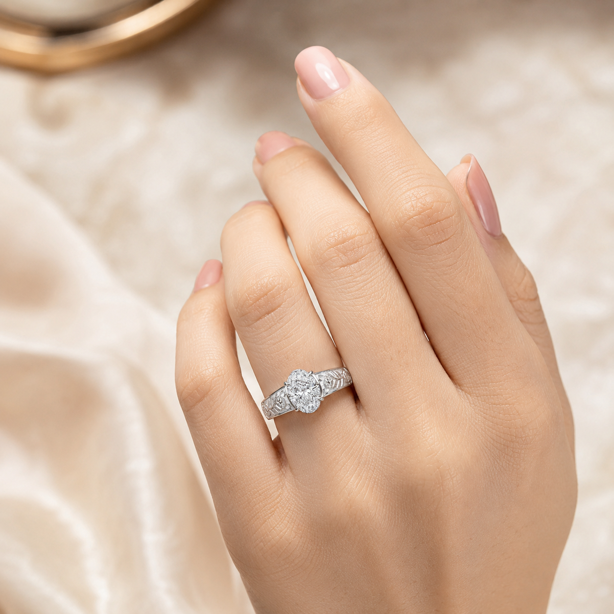1.50 CT Oval Cut Lab-Grown Diamond Engagement Ring in 14K White Gold – Vintage Engraved Filigree Design