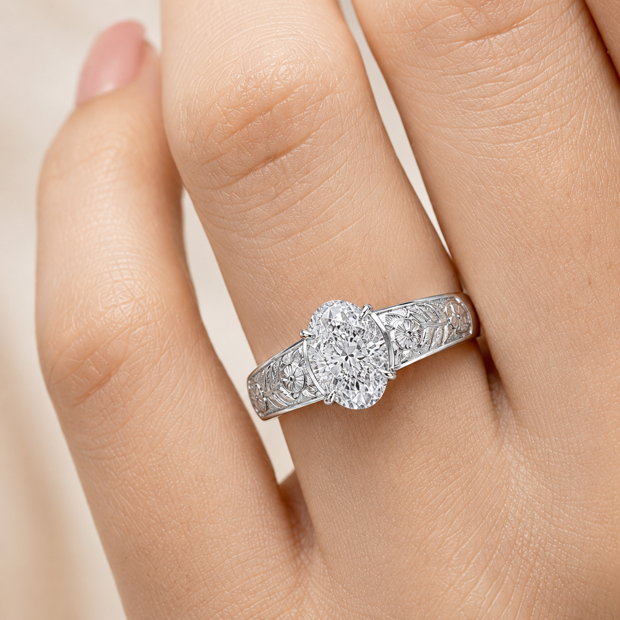 1.50 CT Oval Cut Lab-Grown Diamond Engagement Ring in 14K White Gold – Vintage Engraved Filigree Design