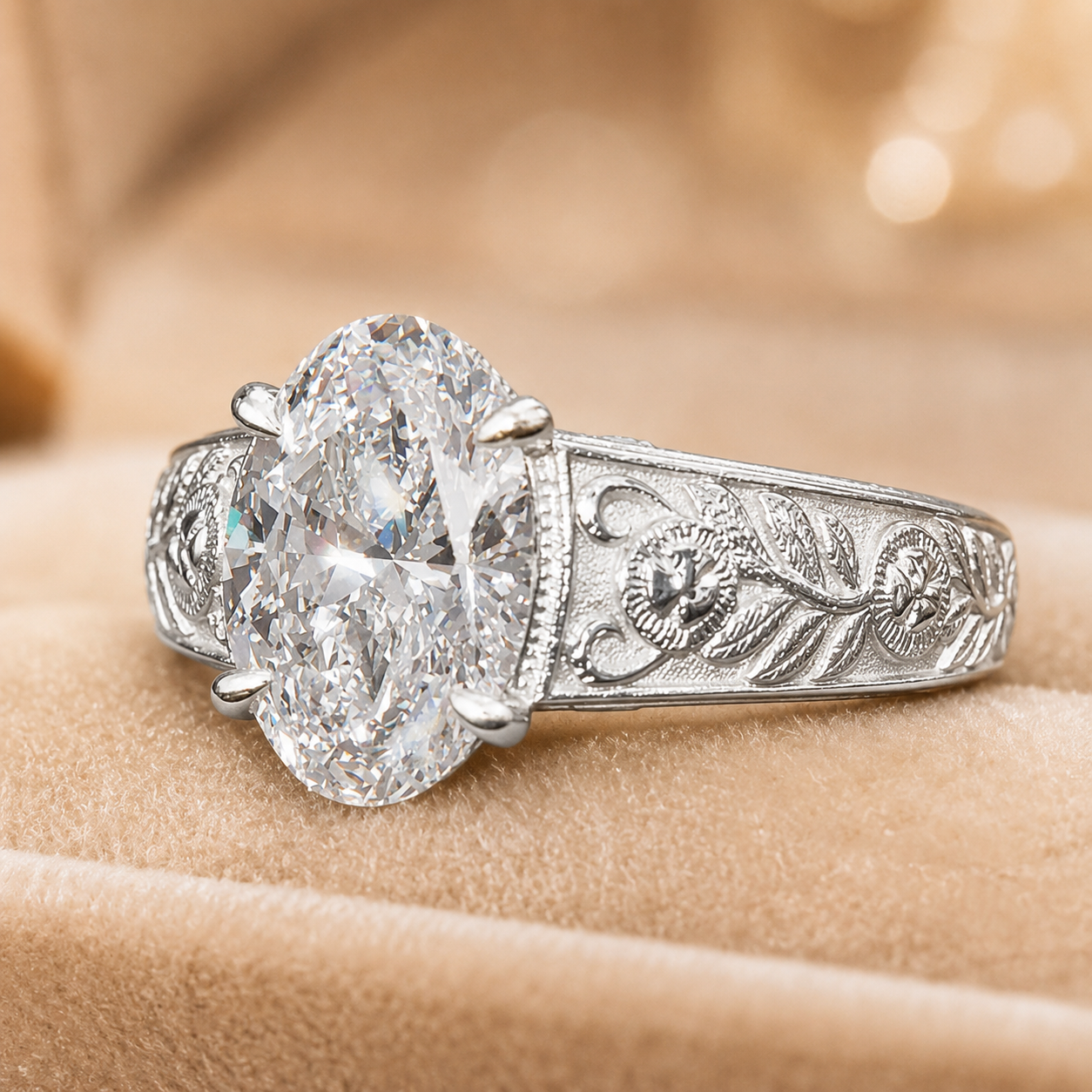 1.50 CT Oval Cut Lab-Grown Diamond Engagement Ring in 14K White Gold – Vintage Engraved Filigree Design