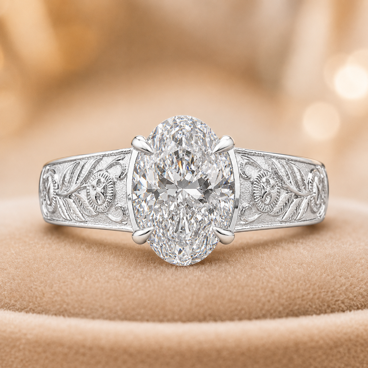 1.50 CT Oval Cut Lab-Grown Diamond Engagement Ring in 14K White Gold – Vintage Engraved Filigree Design