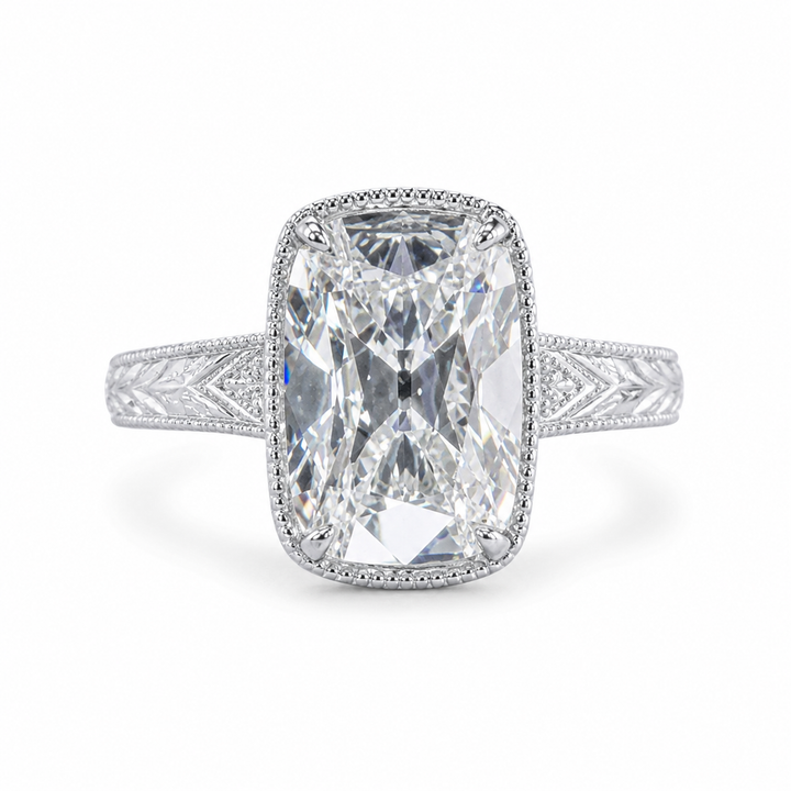4.00 CT Old Mine Cushion Cut Lab-Grown Diamond Engagement Ring in 14K White Gold â€“ Vintage Hand-Engraved Heirloom Design from Diamond Studio