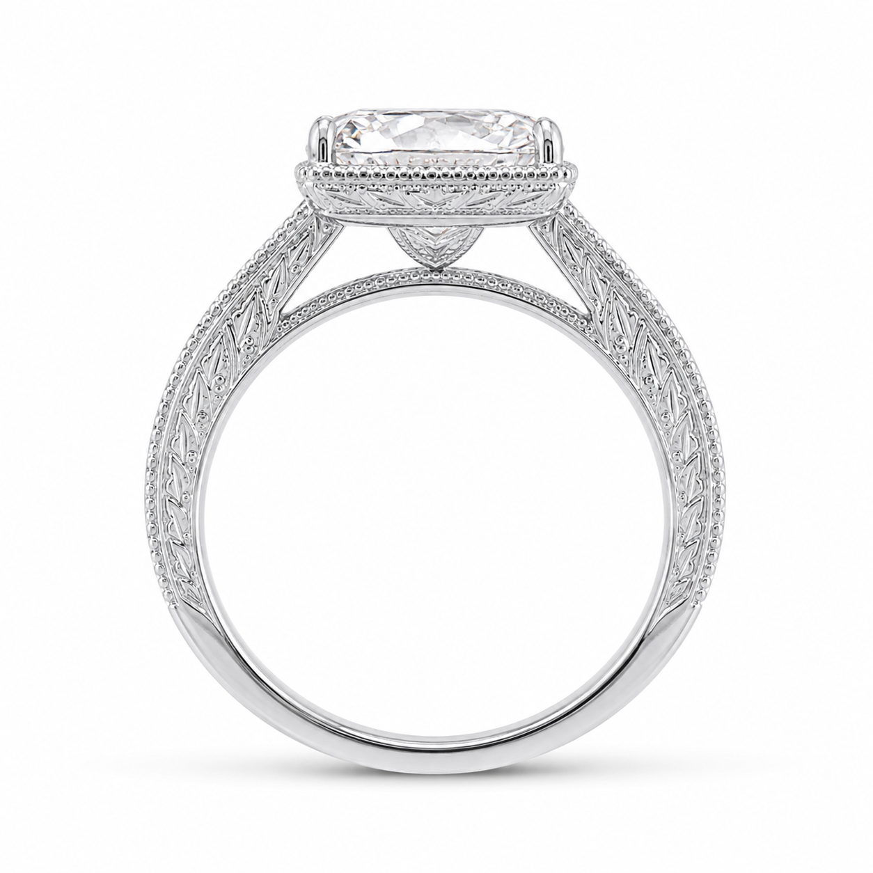 4.00 CT Old Mine Cushion Cut Lab-Grown Diamond Engagement Ring in 14K White Gold – Vintage Hand-Engraved Heirloom Design