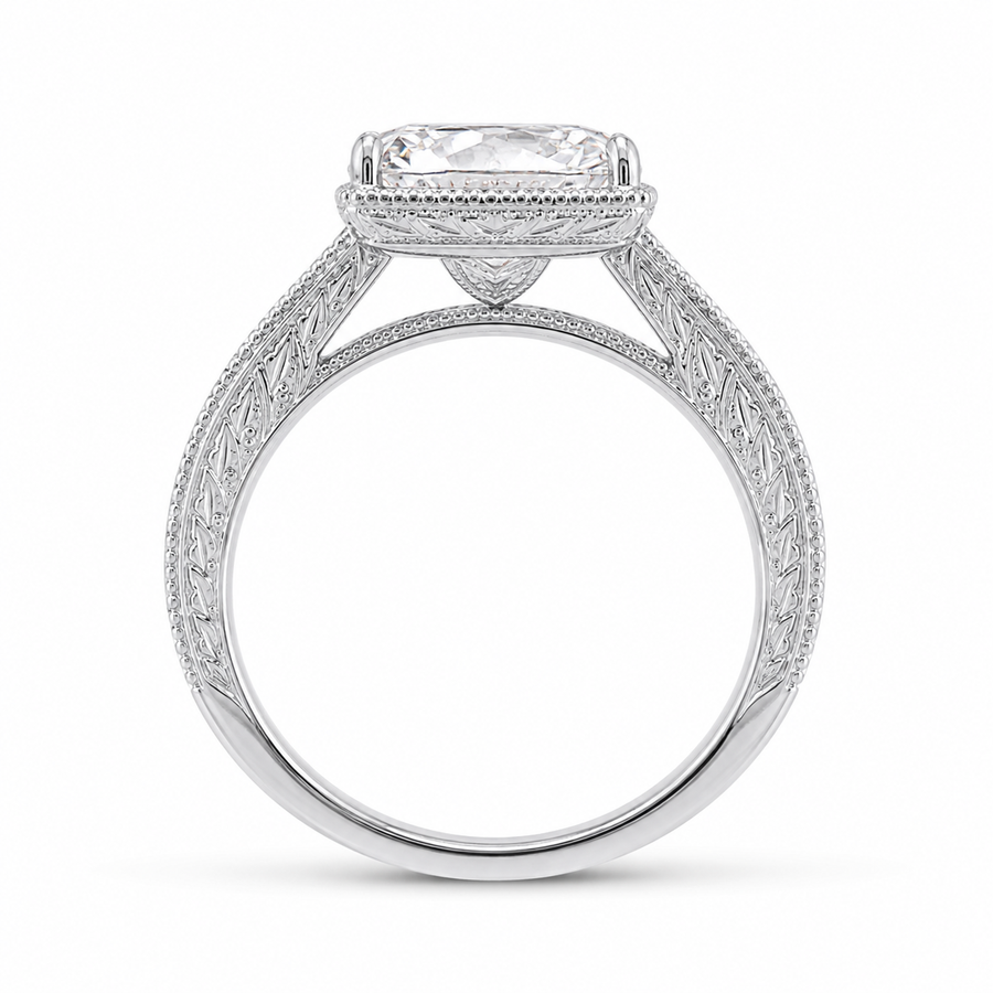 4.00 CT Old Mine Cushion Cut Lab-Grown Diamond Engagement Ring in 14K White Gold – Vintage Hand-Engraved Heirloom Design