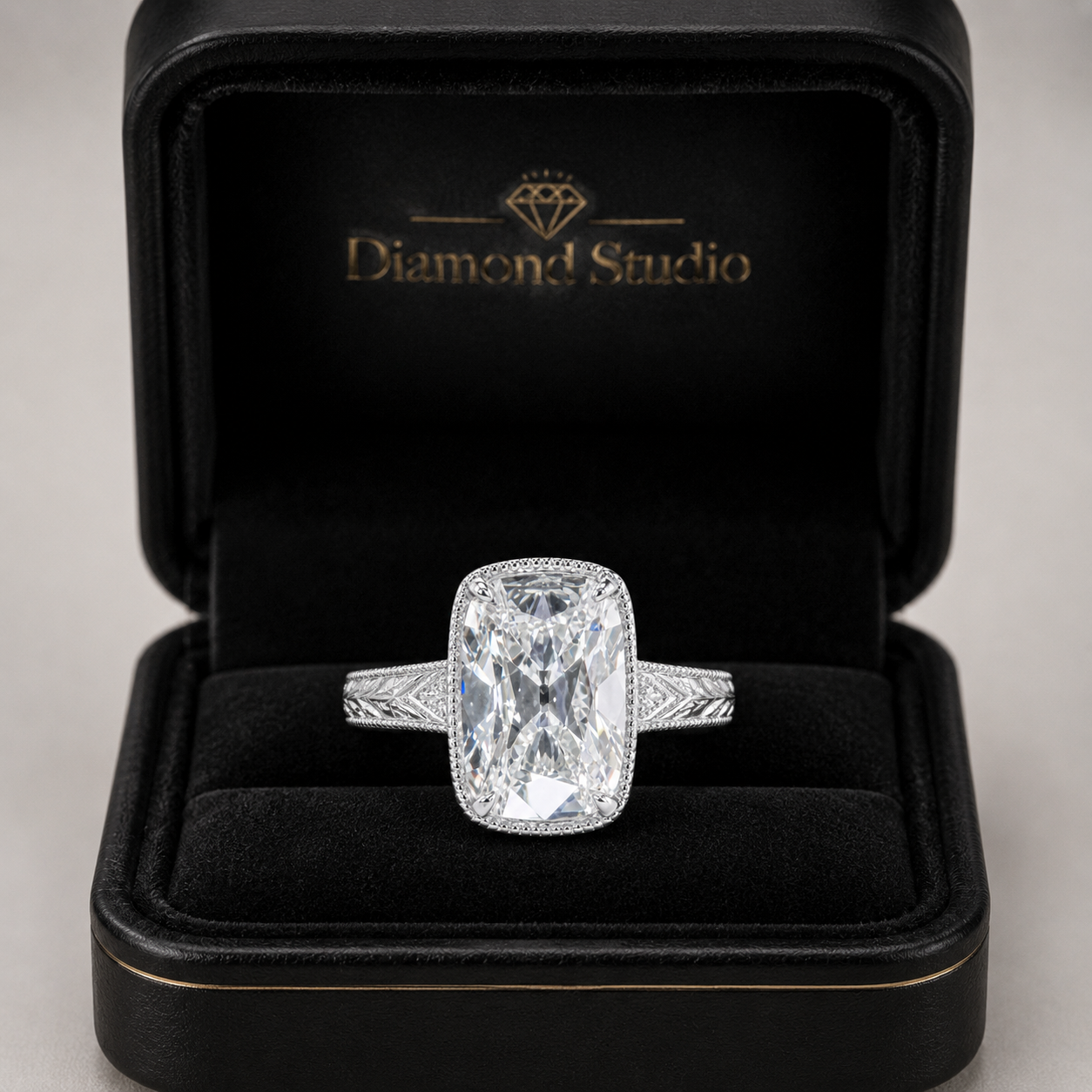 4.00 CT Old Mine Cushion Cut Lab-Grown Diamond Engagement Ring in 14K White Gold – Vintage Hand-Engraved Heirloom Design