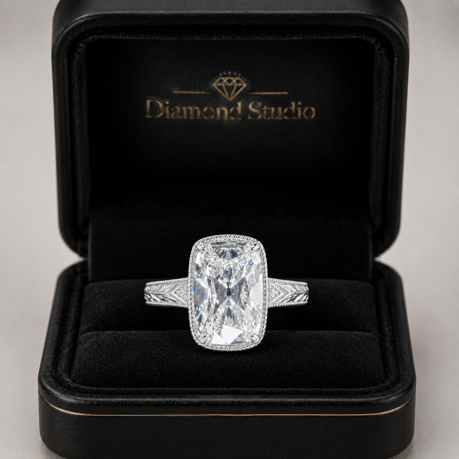 4.00 CT Old Mine Cushion Cut Lab-Grown Diamond Engagement Ring in 14K White Gold – Vintage Hand-Engraved Heirloom Design