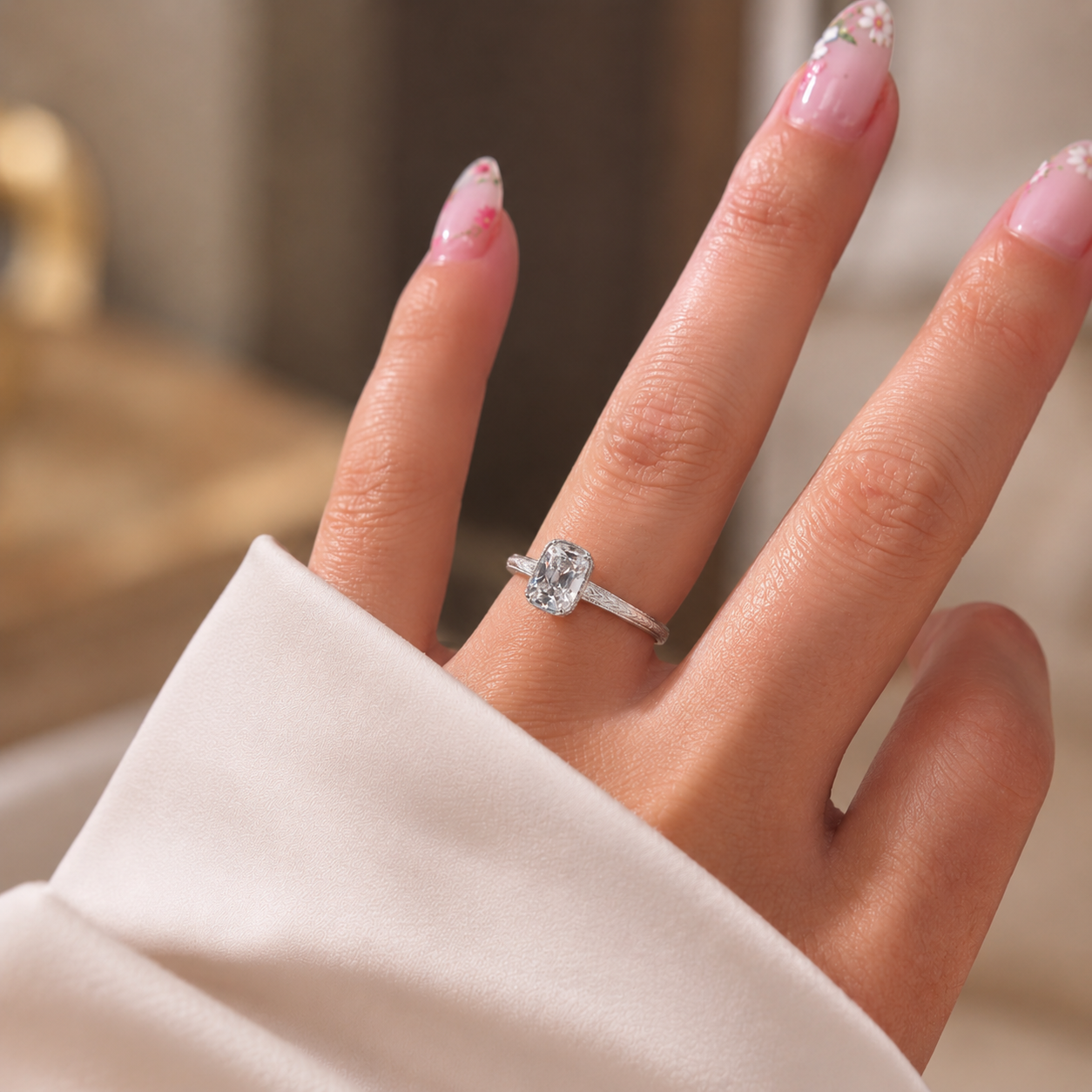 4.00 CT Old Mine Cushion Cut Lab-Grown Diamond Engagement Ring in 14K White Gold – Vintage Hand-Engraved Heirloom Design