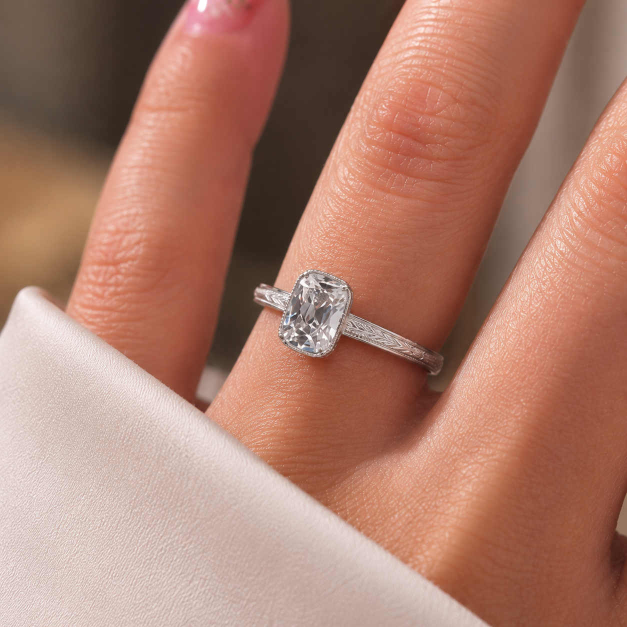 4.00 CT Old Mine Cushion Cut Lab-Grown Diamond Engagement Ring in 14K White Gold – Vintage Hand-Engraved Heirloom Design