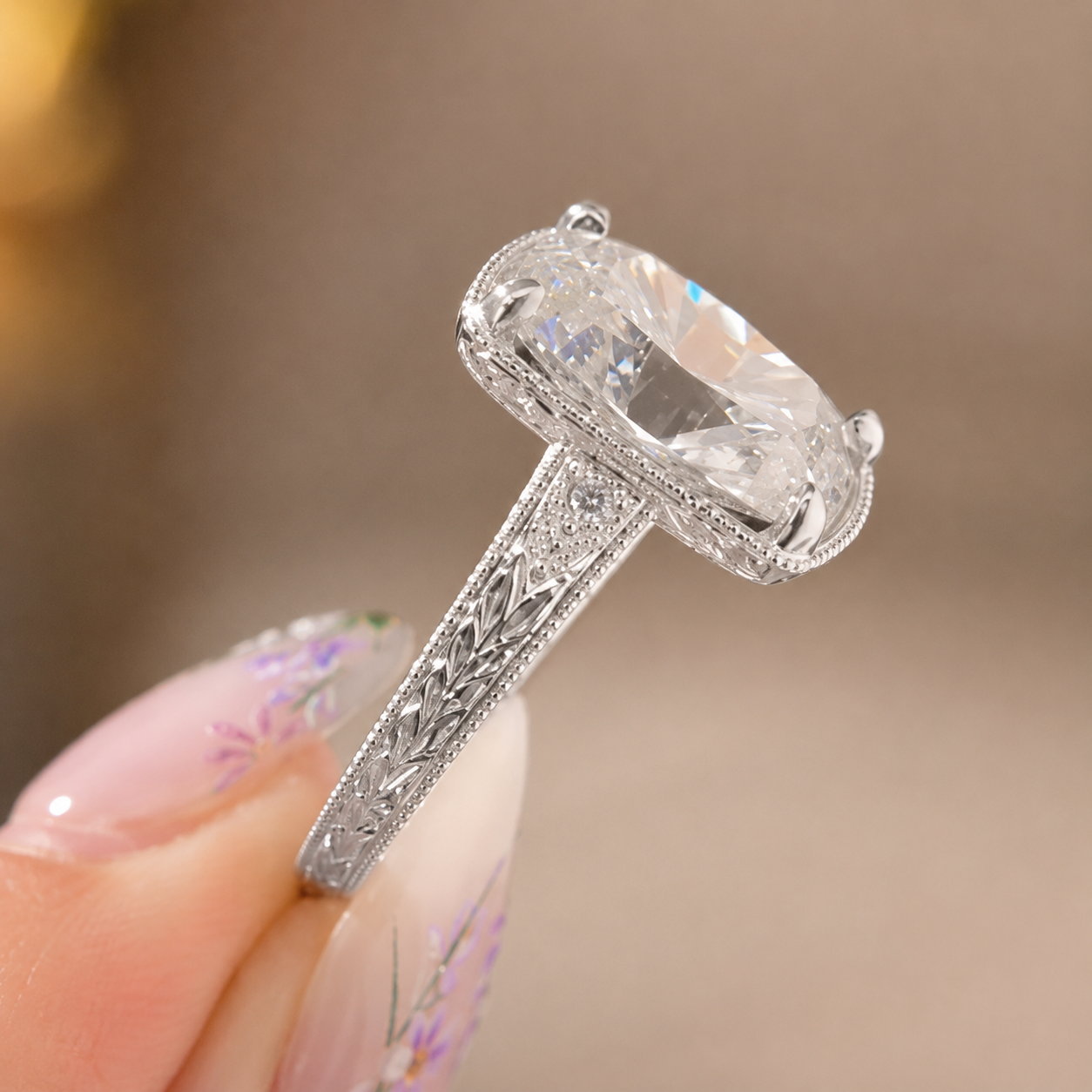 4.00 CT Old Mine Cushion Cut Lab-Grown Diamond Engagement Ring in 14K White Gold – Vintage Hand-Engraved Heirloom Design