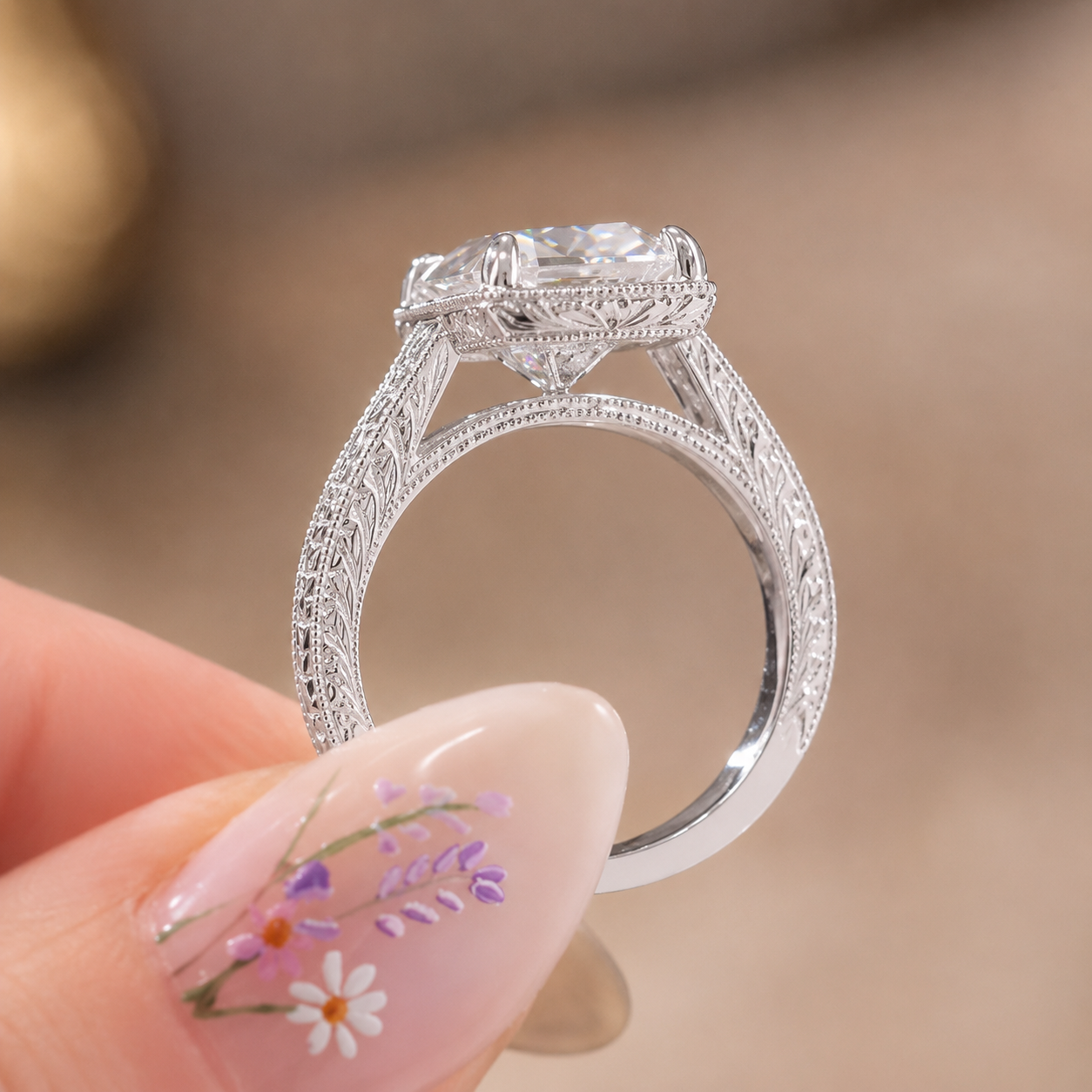 4.00 CT Old Mine Cushion Cut Lab-Grown Diamond Engagement Ring in 14K White Gold – Vintage Hand-Engraved Heirloom Design