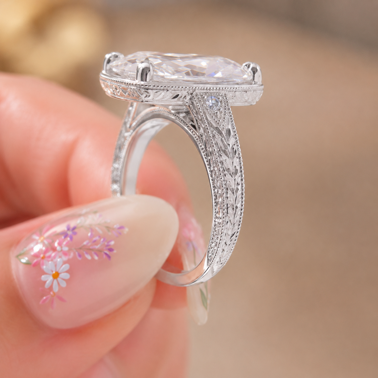 4.00 CT Old Mine Cushion Cut Lab-Grown Diamond Engagement Ring in 14K White Gold – Vintage Hand-Engraved Heirloom Design