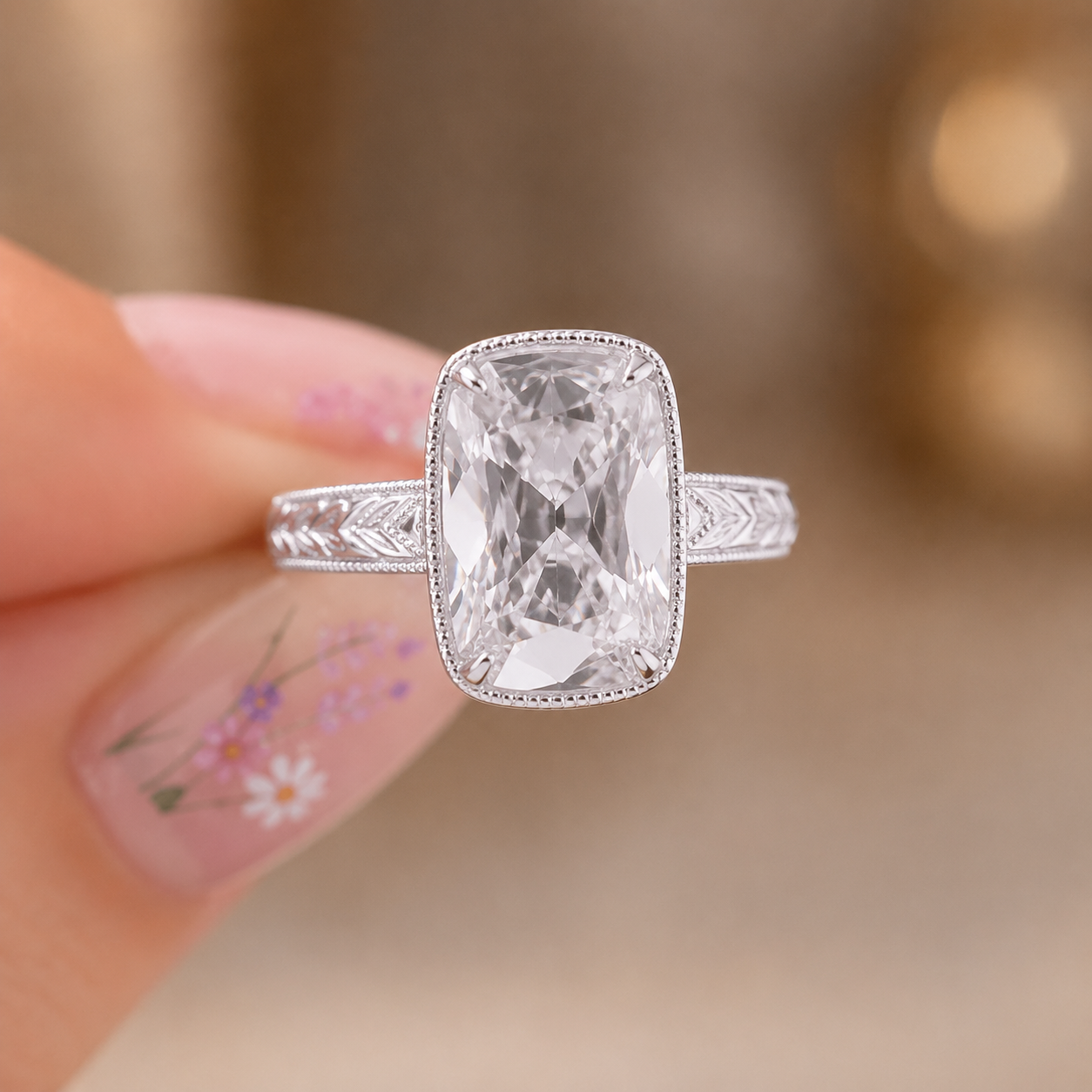 4.00 CT Old Mine Cushion Cut Lab-Grown Diamond Engagement Ring in 14K White Gold – Vintage Hand-Engraved Heirloom Design