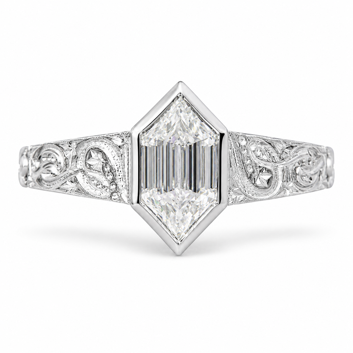 2.00 CT Hexagon Cut Lab-Grown Diamond Engagement Ring in 14K White Gold â€“ Art Deco Hand-Engraved Bezel Design from Diamond Studio