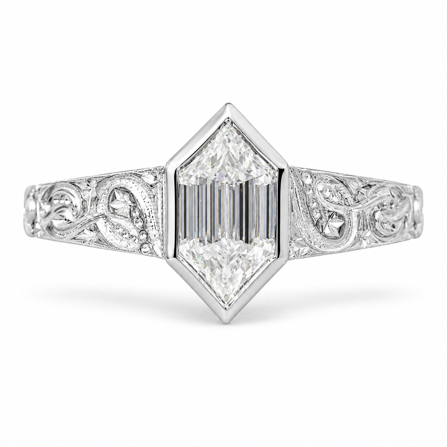 2.00 CT Hexagon Cut Lab-Grown Diamond Engagement Ring in 14K White Gold – Art Deco Hand-Engraved Bezel Design