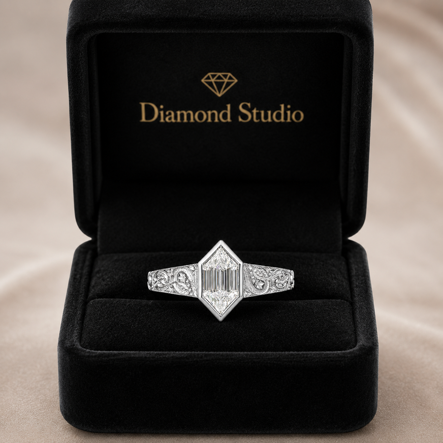 2.00 CT Hexagon Cut Lab-Grown Diamond Engagement Ring in 14K White Gold – Art Deco Hand-Engraved Bezel Design
