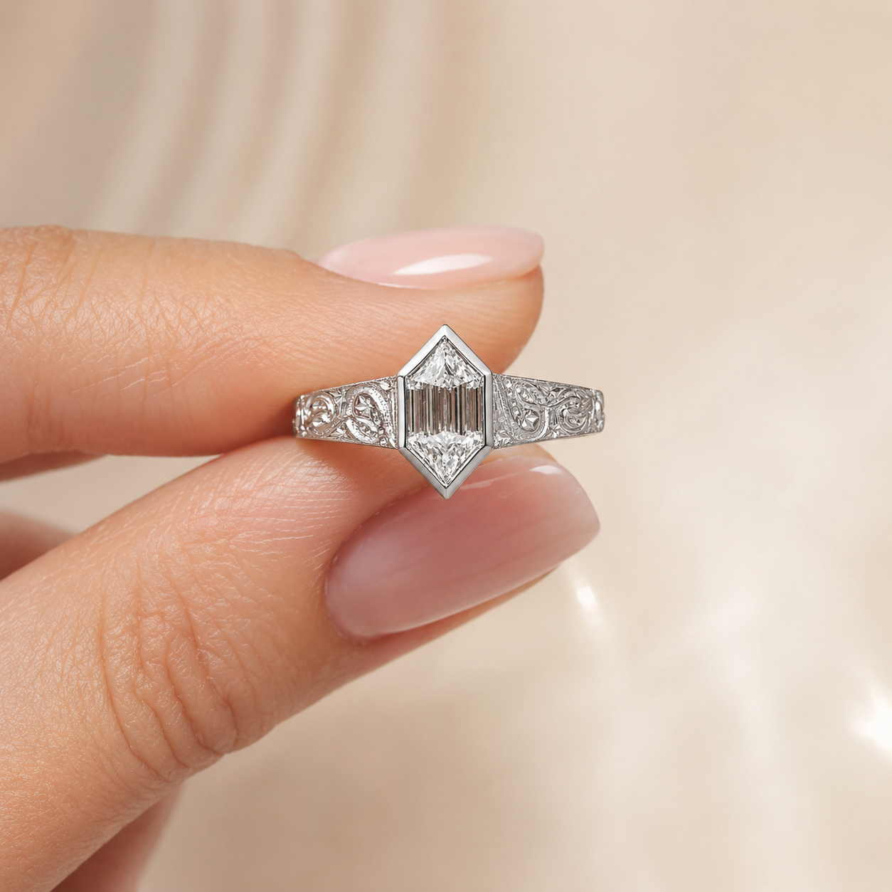 2.00 CT Hexagon Cut Lab-Grown Diamond Engagement Ring in 14K White Gold – Art Deco Hand-Engraved Bezel Design