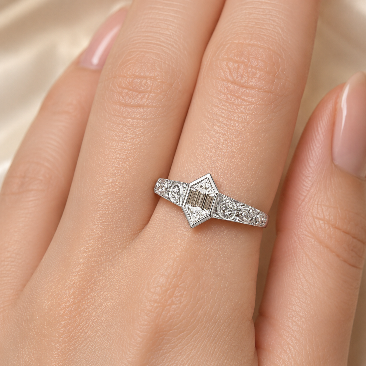 2.00 CT Hexagon Cut Lab-Grown Diamond Engagement Ring in 14K White Gold – Art Deco Hand-Engraved Bezel Design