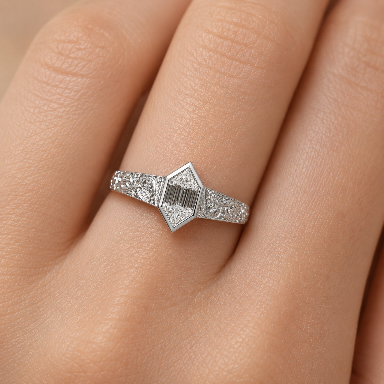 2.00 CT Hexagon Cut Lab-Grown Diamond Engagement Ring in 14K White Gold – Art Deco Hand-Engraved Bezel Design