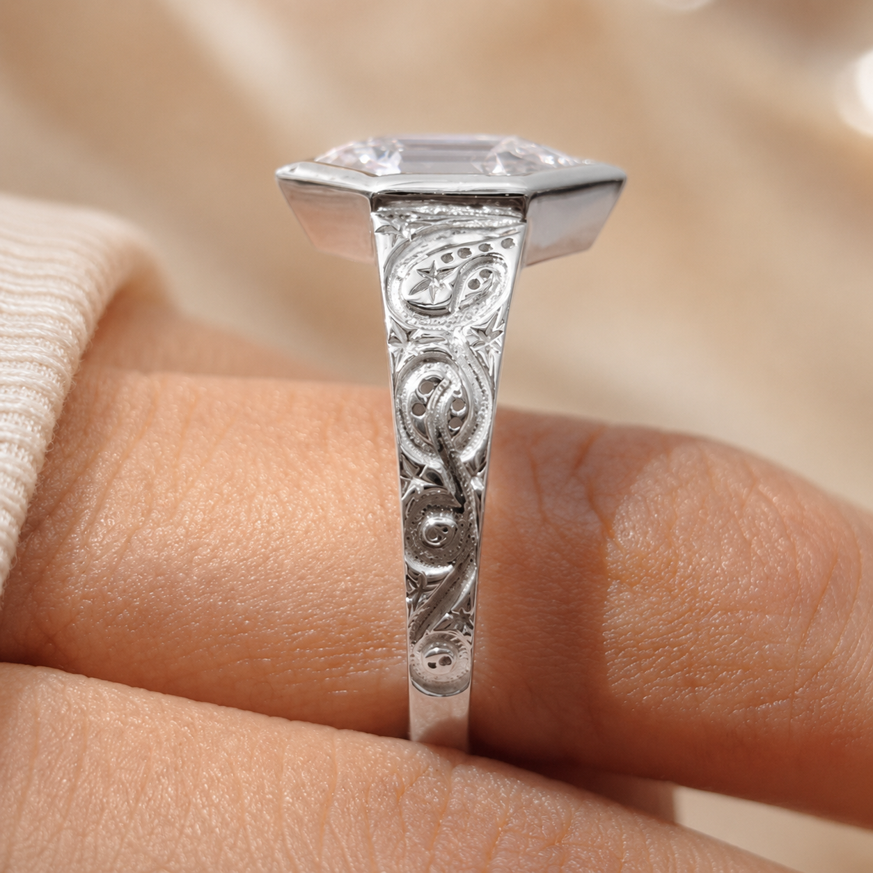 2.00 CT Hexagon Cut Lab-Grown Diamond Engagement Ring in 14K White Gold – Art Deco Hand-Engraved Bezel Design