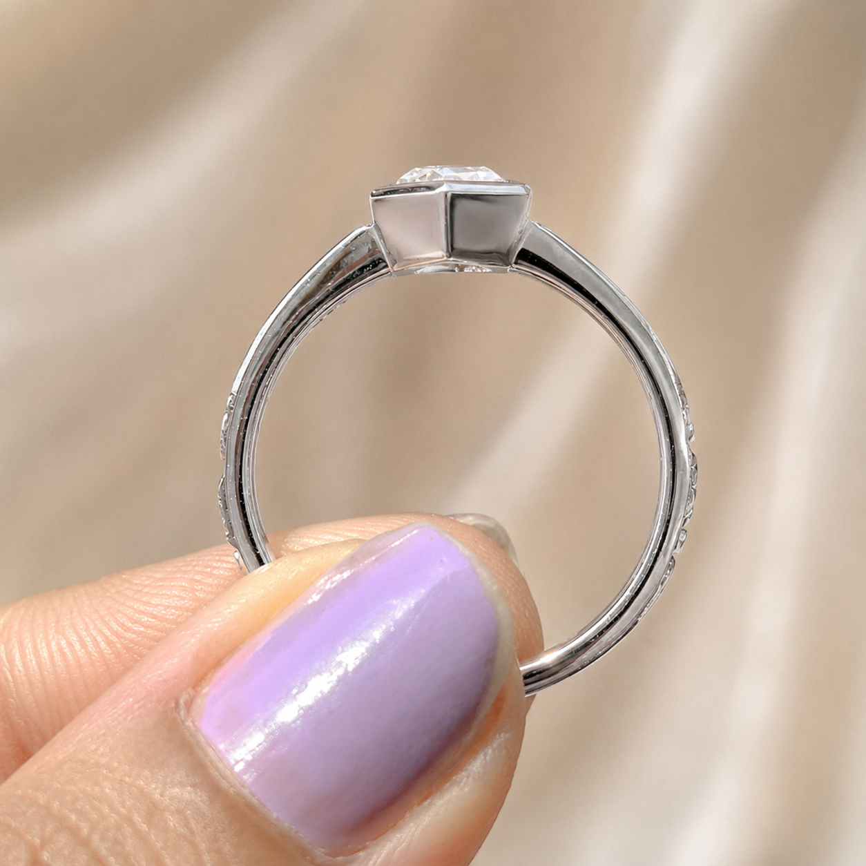 2.00 CT Hexagon Cut Lab-Grown Diamond Engagement Ring in 14K White Gold – Art Deco Hand-Engraved Bezel Design