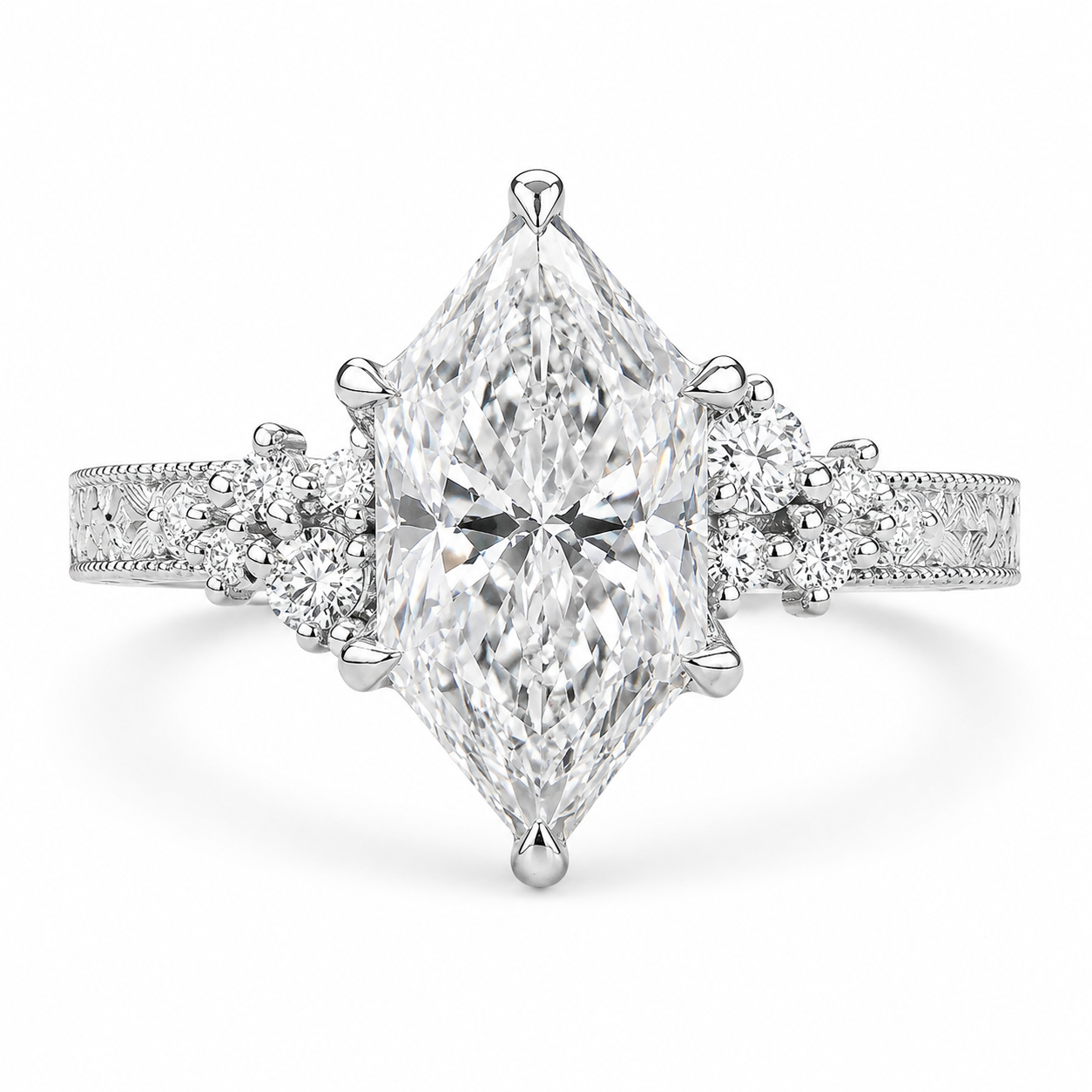 3.00 CT Vintage Inspired Dutch Marquise Lab-Grown Diamond Engagement Ring in 14K White Gold – Hand-Engraved Milgrain Floral Tulip Design