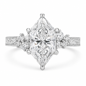 3.00 CT Vintage Inspired Dutch Marquise Lab-Grown Diamond Engagement Ring in 14K White Gold – Hand-Engraved Milgrain Floral Tulip Design